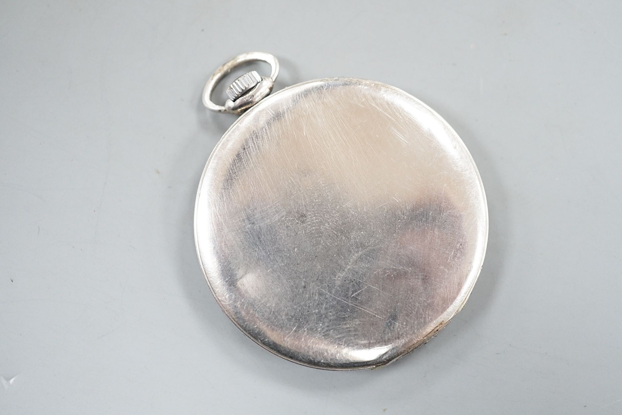 A mid 20th century white metal (stamped plat) and diamond set keyless open faced dress pocket watch, by Helbros Watch Co. case diameter 46mm, gross weight 48.6 grams, lacking glass cover.